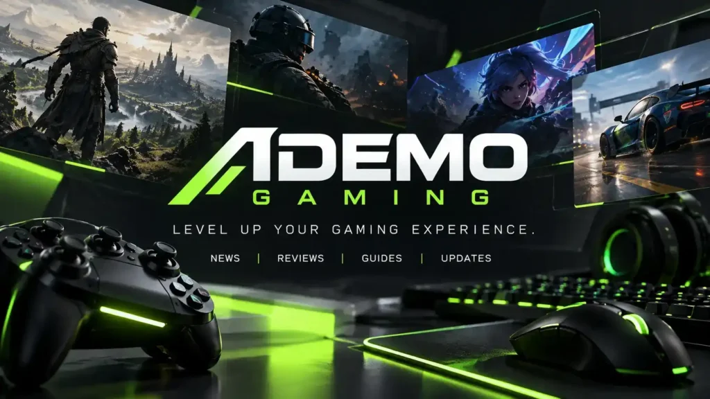 Ademo Gaming banner featuring neon green gaming gear and futuristic game scenes